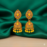 Vj021 59 Elegant gold jhumka earrings with yellow stones