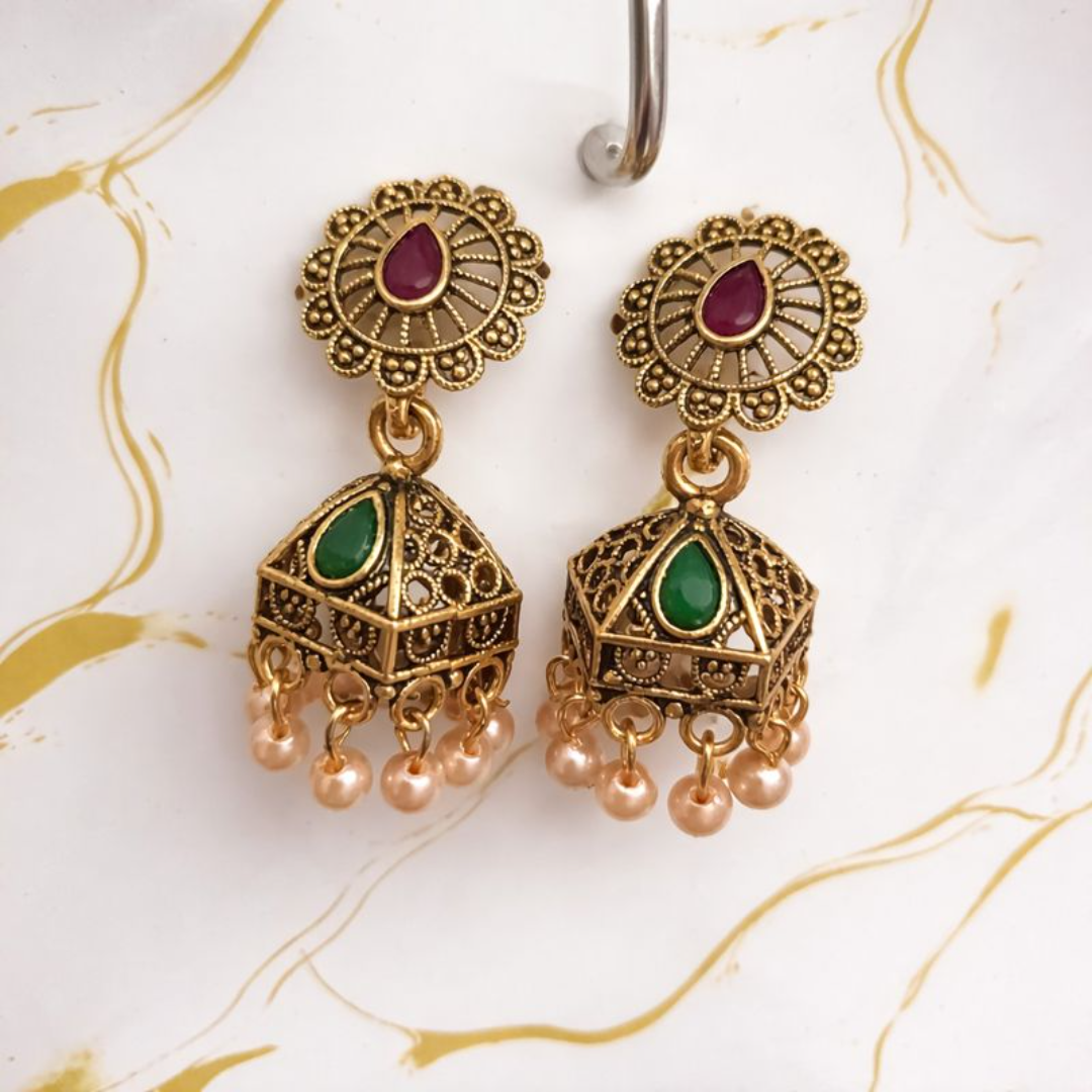 VJ018 Gold Plated Pearl Jhumka Earrings with Green Stone