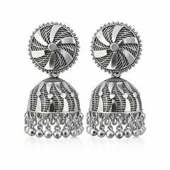 (VJ020) Intricate silver-tone jhumka earrings