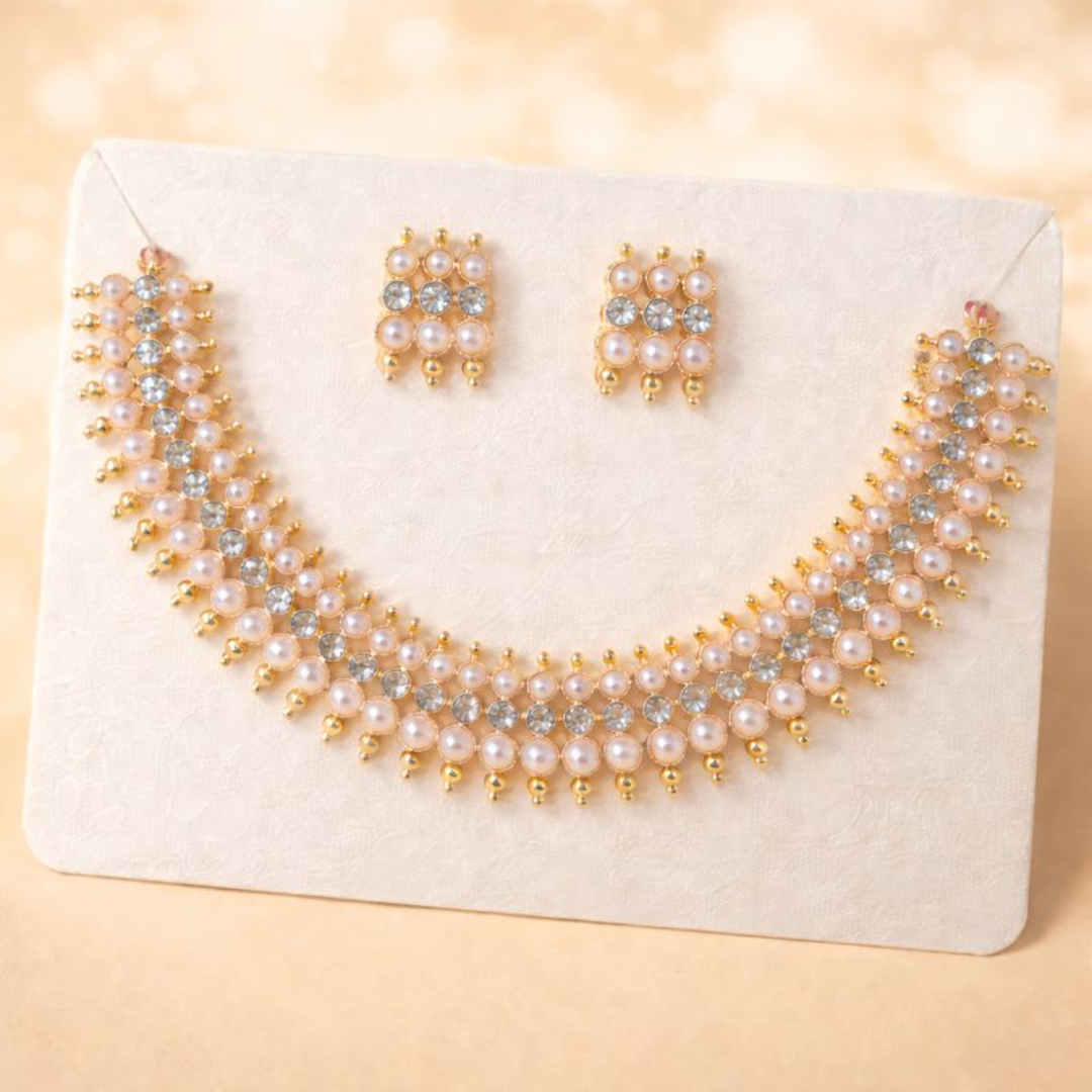 (TJ002) Elegant pearl and diamond jewelry set