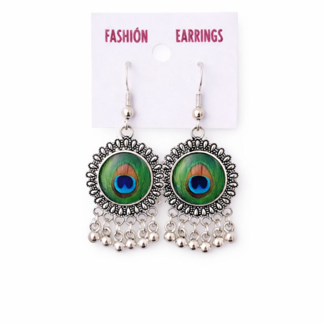 (VJ056) Peacock feather-inspired dangle earrings