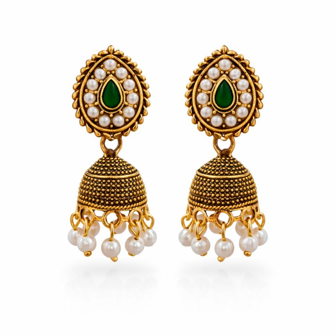 (VJ056)Elegant gold jhumka earrings with emeralds