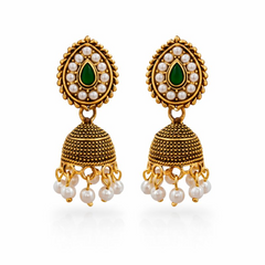 (VJ056)Elegant gold jhumka earrings with emeralds