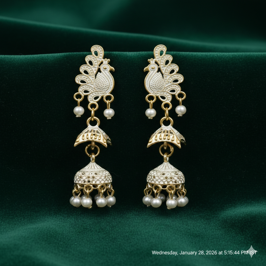 VJ056 Elegant white-tone peacock jhumkas with pearls