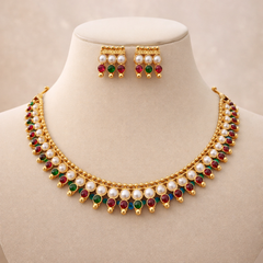 (TJ001) Elegant gold jewelry with pearls and colourful gemstones