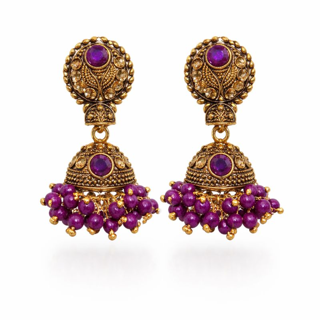 (VJ021) Elegant gold and purple Jhumka earrings