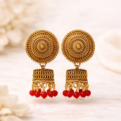 (VJ056) Elegant gold jhumka earrings with red beads
