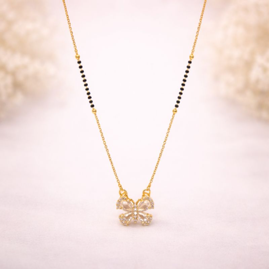 VJ036 Designer Western Gold-Plated Butterfly Pendant Mangalsutra with Black Beads Chain