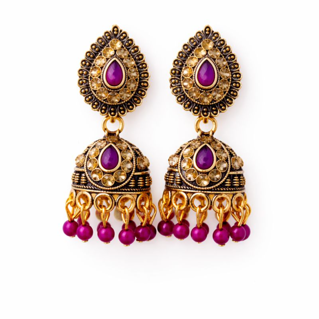 (VJ021) Ornate gold jhumka earrings with purple gems
