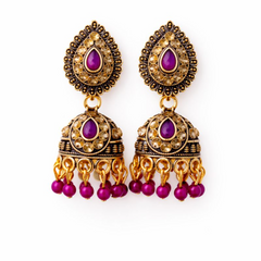 (VJ021) Ornate gold jhumka earrings with purple gems
