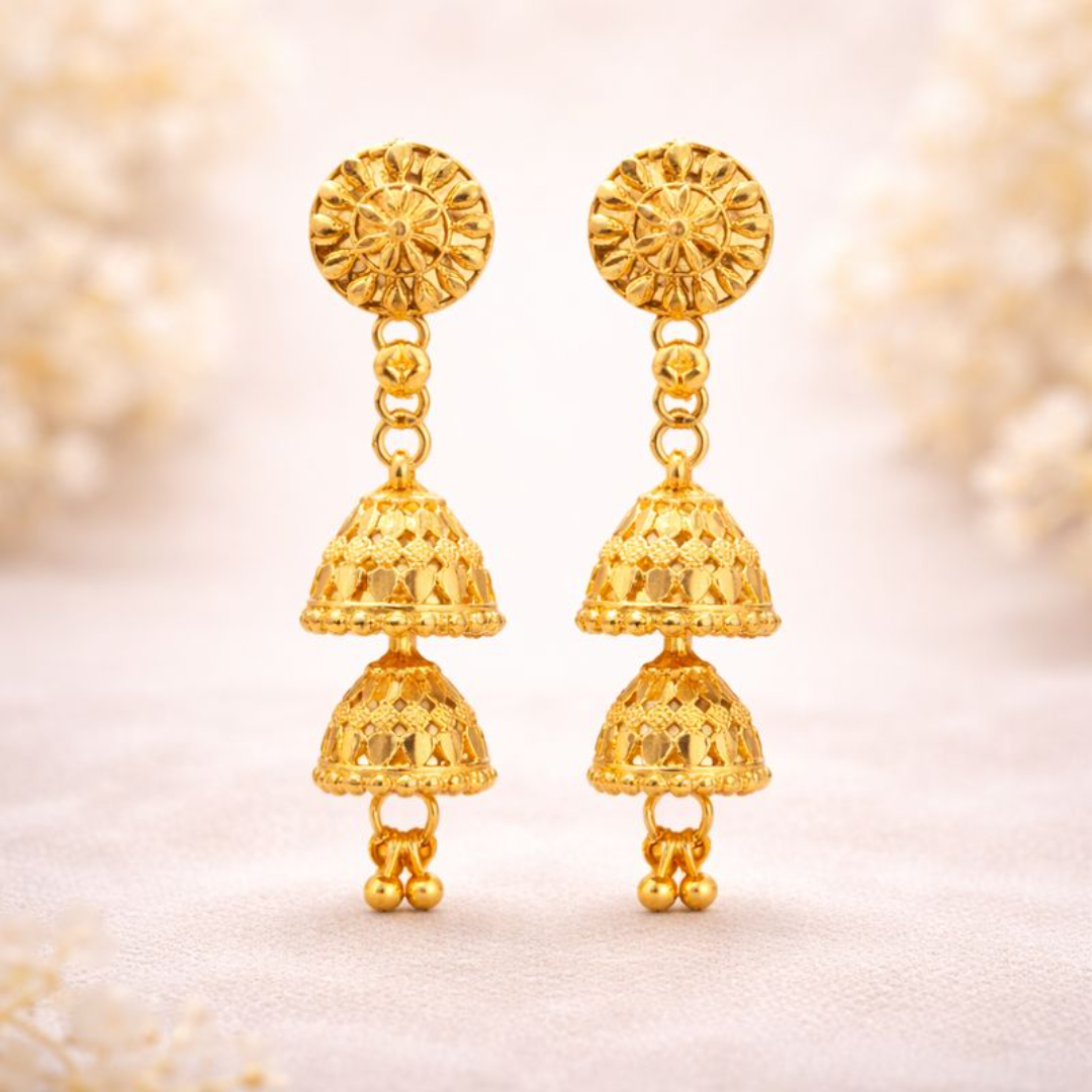 VJ045 Elegant gold jhumkas with intricate design
