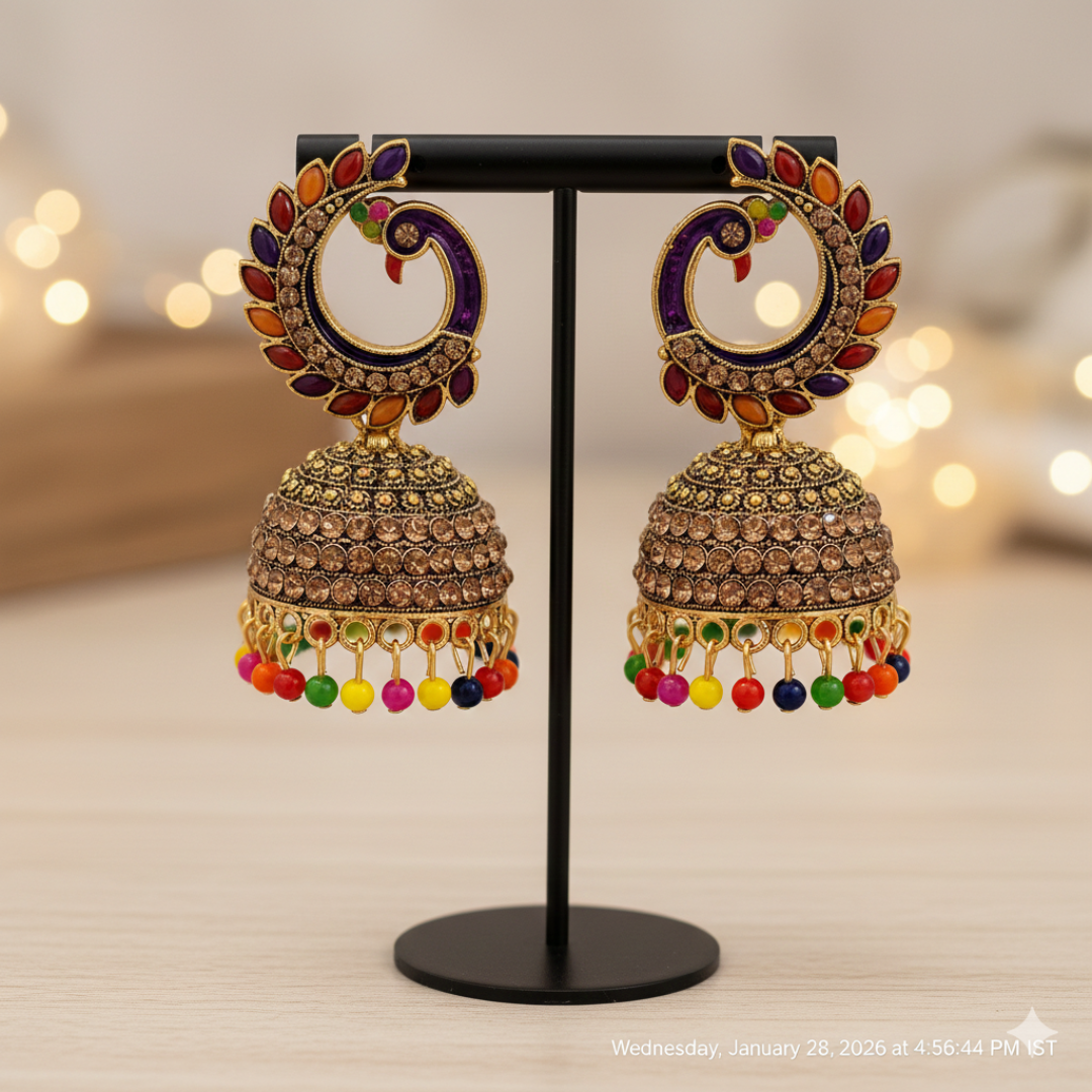 VJ016 Ornate jhumka earrings with vibrant stones