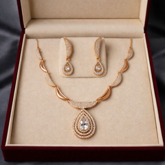 (DCN006) Womens Rose Gold Plated Teardrop Necklace & Earrings Set  CZ Designer Jewelry for Wedding- Party & Festive Wear