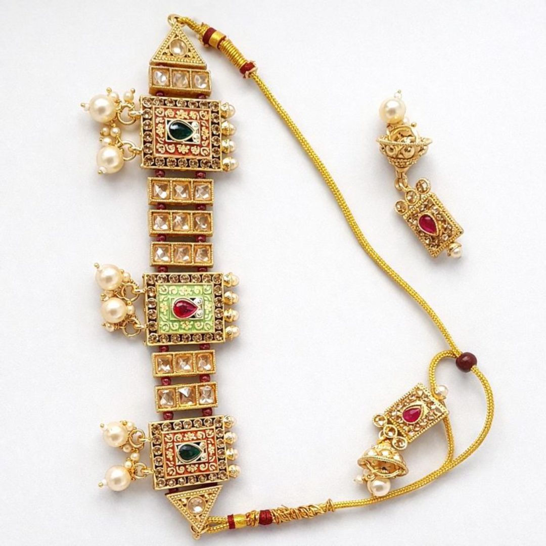 TJ007 Royal Antique Gold Kundan Pearl Bridal Necklace Set