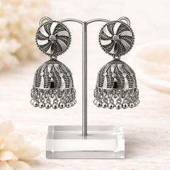 (VJ020) Intricate silver-tone jhumka earrings