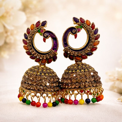 VJ016 Ornate jhumka earrings with vibrant stones