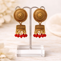 (VJ056) Elegant gold jhumka earrings with red beads