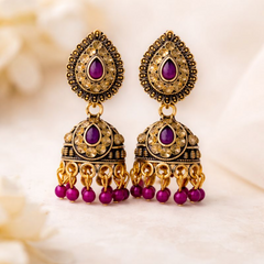 (VJ021) Ornate gold jhumka earrings with purple gems