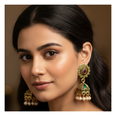 VJ018 Gold Plated Pearl Jhumka Earrings with Green Stone