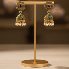 VJ018 Gold Plated Pearl Jhumka Earrings with Green Stone