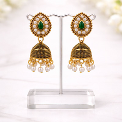 (VJ056)Elegant gold jhumka earrings with emeralds