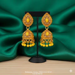 Vj021 59 Elegant gold jhumka earrings with yellow stones