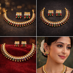 (TJ001) Elegant gold jewelry with pearls and colourful gemstones