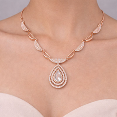 (DCN006) Womens Rose Gold Plated Teardrop Necklace & Earrings Set  CZ Designer Jewelry for Wedding- Party & Festive Wear