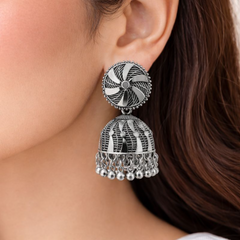 (VJ020) Intricate silver-tone jhumka earrings