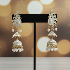 VJ056 Elegant white-tone peacock jhumkas with pearls