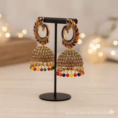 VJ016 Ornate jhumka earrings with vibrant stones