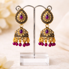 (VJ021) Ornate gold jhumka earrings with purple gems
