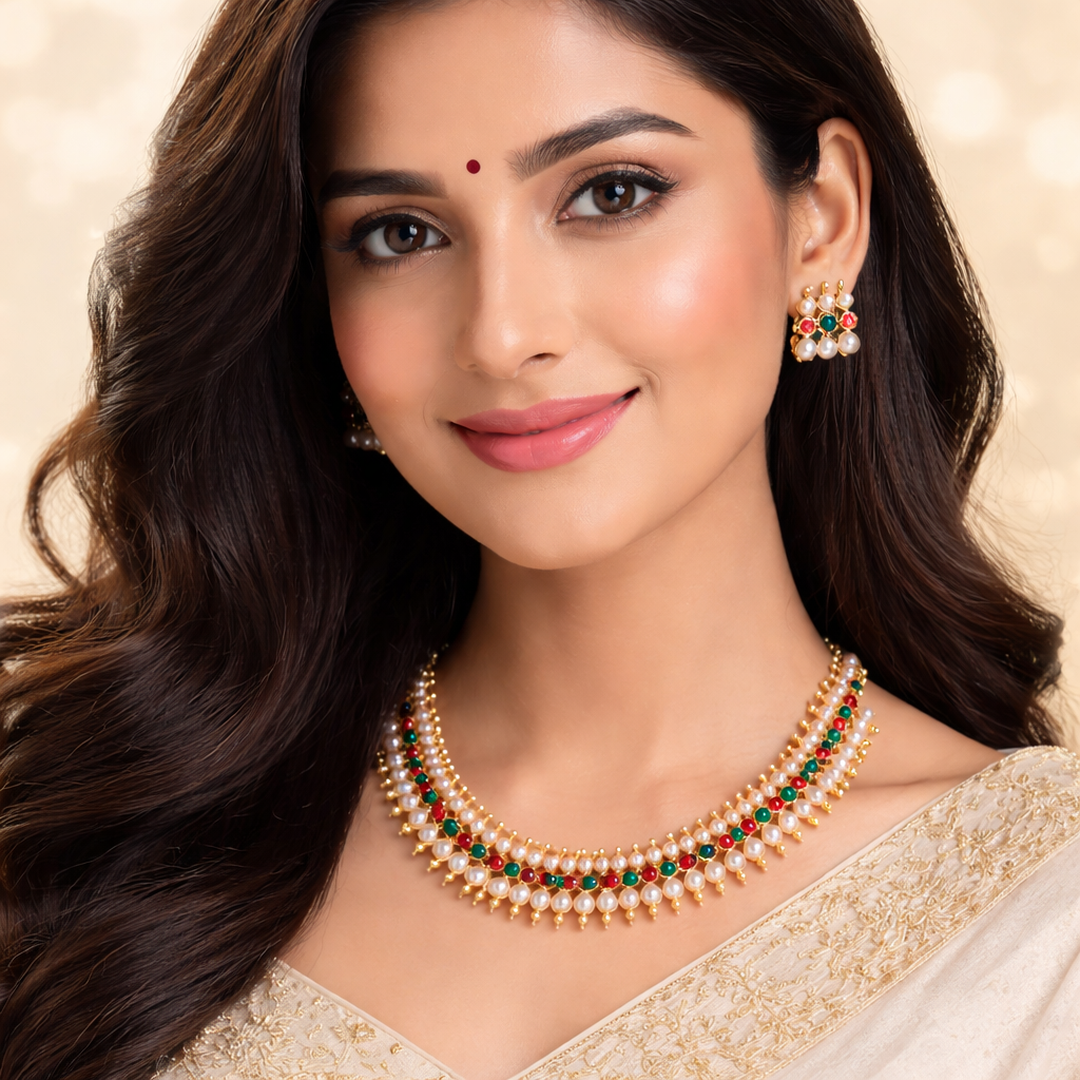 (TJ002)Elegant pearl and stone jewelry set