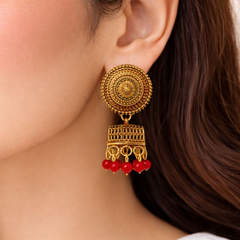 (VJ056) Elegant gold jhumka earrings with red beads