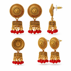 (VJ056) Elegant gold jhumka earrings with red beads