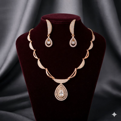 (DCN006) Womens Rose Gold Plated Teardrop Necklace & Earrings Set  CZ Designer Jewelry for Wedding- Party & Festive Wear