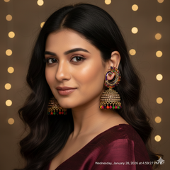 VJ016 Ornate jhumka earrings with vibrant stones