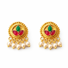 (PA022)Gold earrings with floral motif and pearls of Mangalsutras Pendent