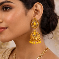 Vj021 59 Elegant gold jhumka earrings with yellow stones