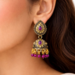 (VJ021) Ornate gold jhumka earrings with purple gems