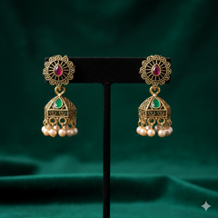 VJ018 Gold Plated Pearl Jhumka Earrings with Green Stone