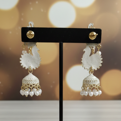 VJ056 Elegant white-tone peacock jhumkas with pearls