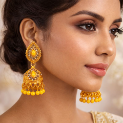 Vj021 59 Elegant gold jhumka earrings with yellow stones